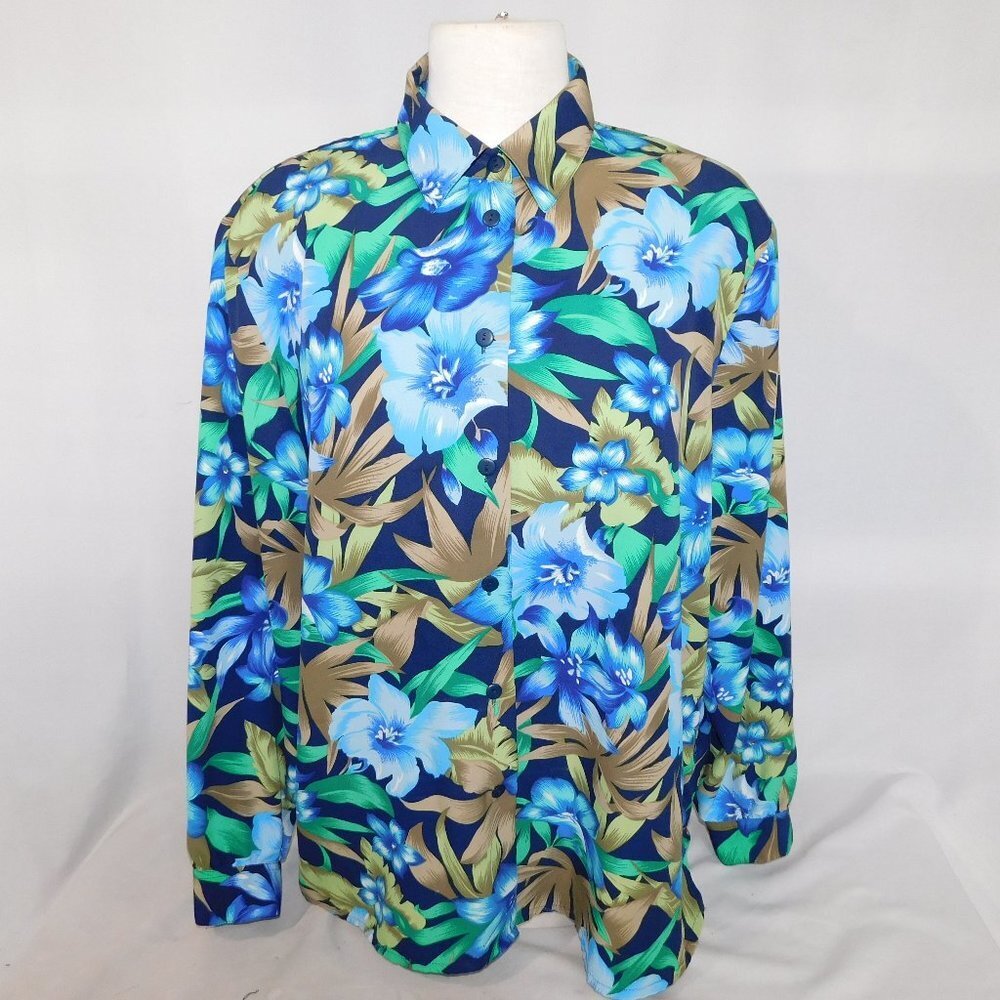 Vintage Alia Long Sleeve Blue Green Hawaiian Hibiscus Floral Blouse Womens 16